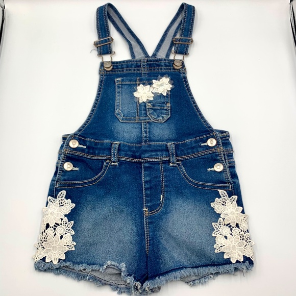 Girls/Toddler WONDER NATION 4T shortalls boho white floral/lace denim overalls - Picture 1 of 14